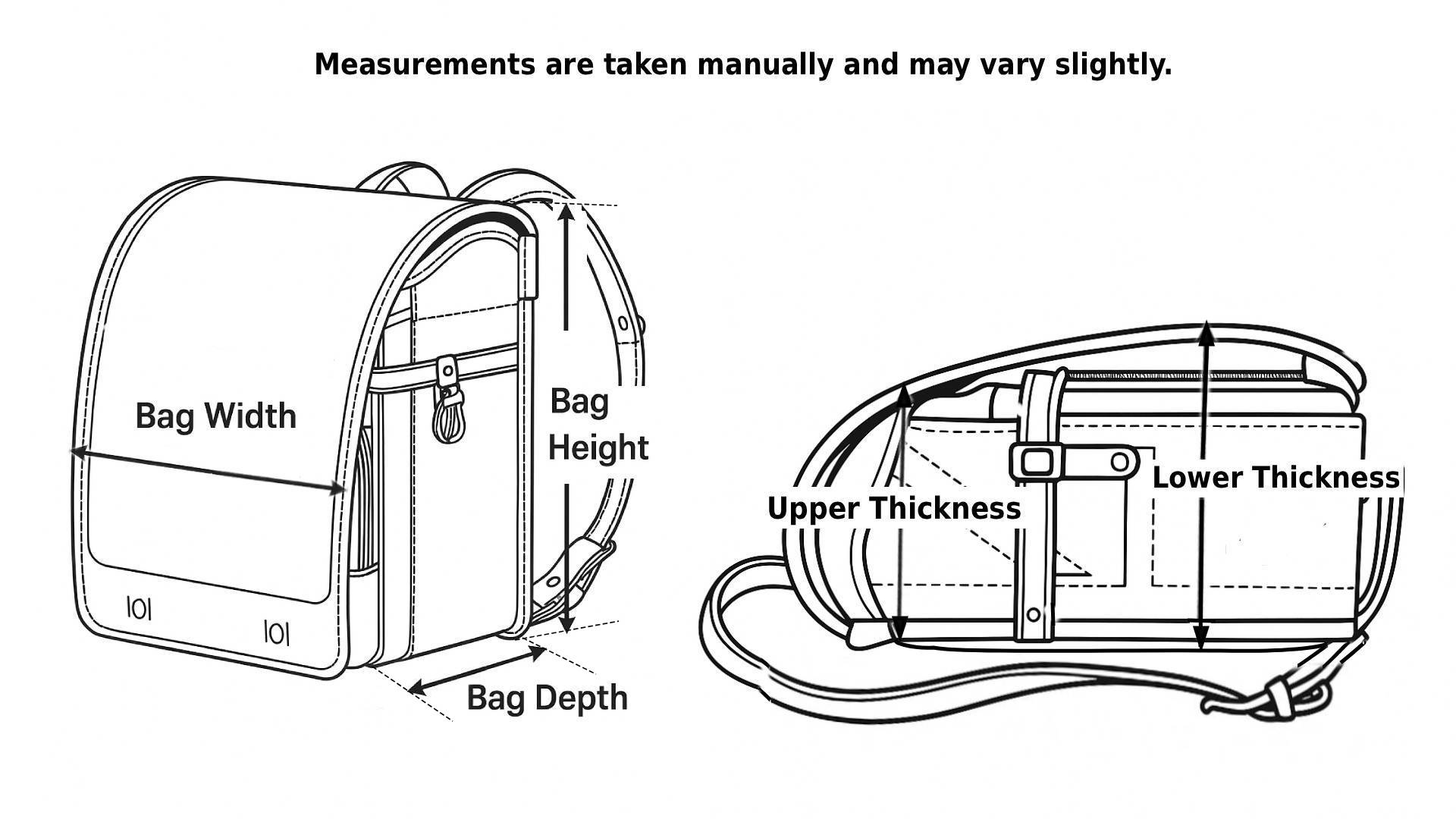 Randoseru size measurement diagram showing height, width, depth, and upper/lower thickness
