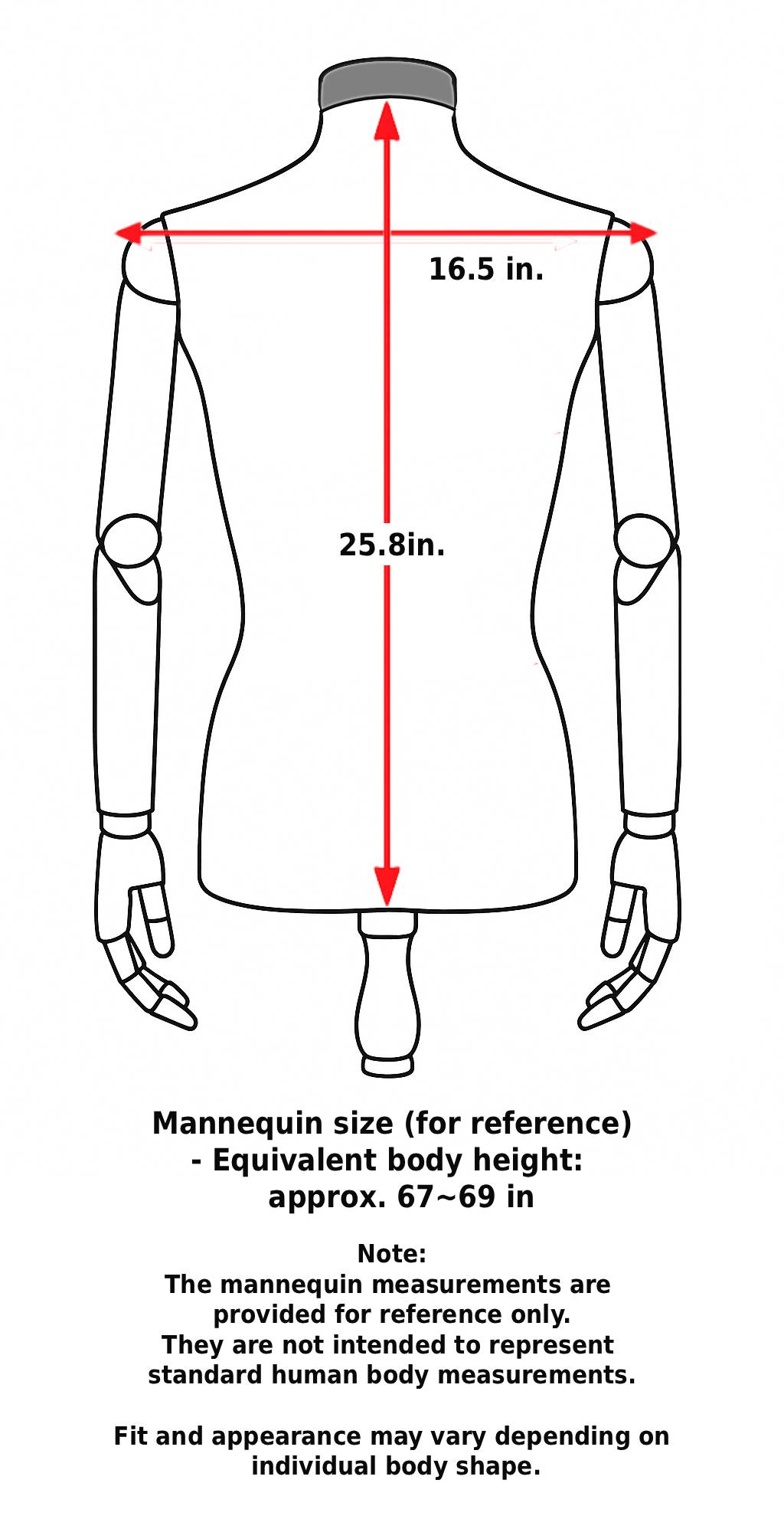 Mannequin back view size reference diagram